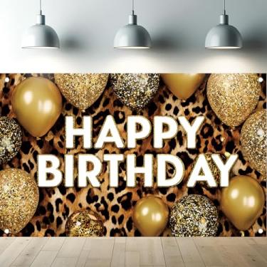 Imagem de Saoplasa Banner de aniversário de leopardo, pano de fundo, 188 x 109 cm, balão dourado com glitter, para mulheres, meninas, glamour, decoração de festa de aniversário, cenário de feliz aniversário