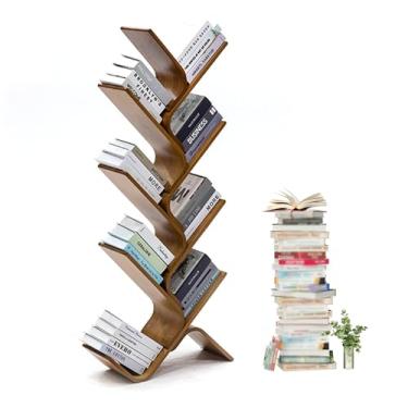 Imagem de Prateleira de livros de bambu para chão, estante de livros de árvore alta moderna, estante de canto pequena organizadora estreita para quarto, sala de estar, escritório em casa