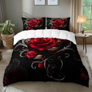Imagem de AILONEN Conjunto de capa de edredom de coração de rosa gótica, tamanho casal, preto e vermelho, floral luxuoso para casais, 3 peças, capa de edredom romântica com 2 fronhas