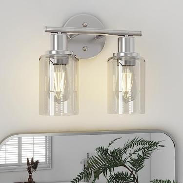 Imagem de Pia Ricco Luminária de banheiro para banheiro, 2 lâmpadas com persianas de vidro, luzes de níquel escovado para banheiro, luzes de banheiro sobre arandelas de parede espelhadas para espelho, sala de