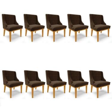 Imagem de Kit 10 Cadeiras Estofadas Para Sala De Jantar Base Fixa De Madeira Castanho Lia Suede Marrom - Ibiza