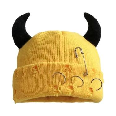 Imagem de Gorro De Inverno Unissex Com Chifres De Diabo Em Tricô, Touca Quente D