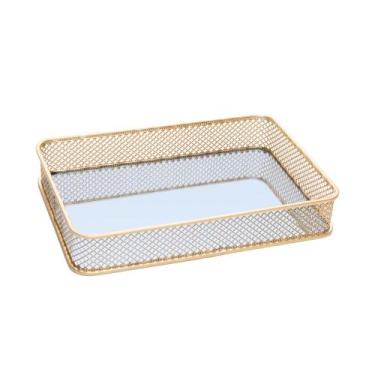 Imagem de Bandeja com Espelho Elise 25cm x 15cm x 5cm Dourada Metal - Lyor
