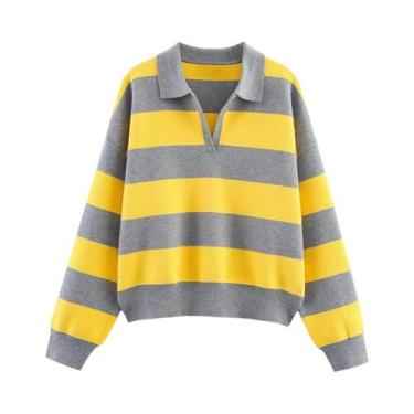 Imagem de Suéter Feminino De Tricô Listrado Com Gola Polo Solto Estilo Europeu A