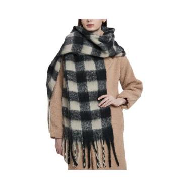 Imagem de Cachecol Feminino Xadrez De Caxemira Quente De Inverno Com Borlas Long