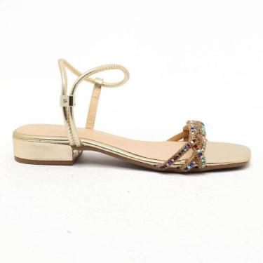 Imagem de Sandália Sapato da Corte Salto Bloco Baixíssimo Tira Trança Pedraria, 