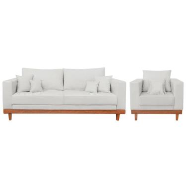 Imagem de Kit 1 Poltrona Living + Sofá Reforçado Madeira Tecido Linho