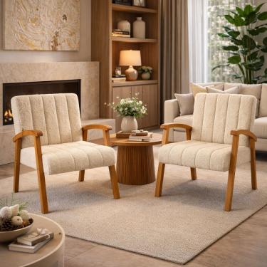 Imagem de Conjunto 2 Poltronas Haley Tecido Boucle Estrutura Madeira Maciça Para Recepção Sala De Estar