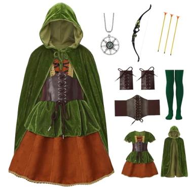 Imagem de Mecamelon 7 peças de fantasia de arqueiro para meninas medieval renascentista vestido de fantasia com capa, Verde, 7-8 Anos