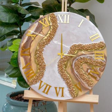 Imagem de Relógio De Parede Grande 60cm Luxo - Fundo Branco Perolado Com Dourado E Marrom