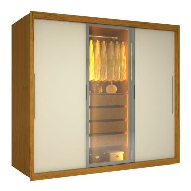 Imagem de Guarda Roupas Casal 3 Portas De Correr 1 Com Vidro Reflecta 4 Gavetas 100% Mdf Lux Madeirado/off White