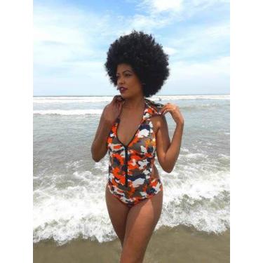 Imagem de Maiô Body Líquido Com Zíper Forro Capuz Moda Fitness Praia, G, Laranja