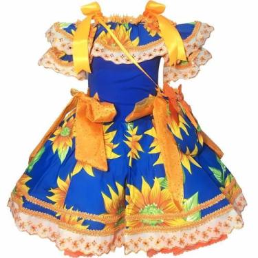 Imagem de Vestido Infantil de Festa Junina Magdalena Azul Com Alça e Cintura Aju