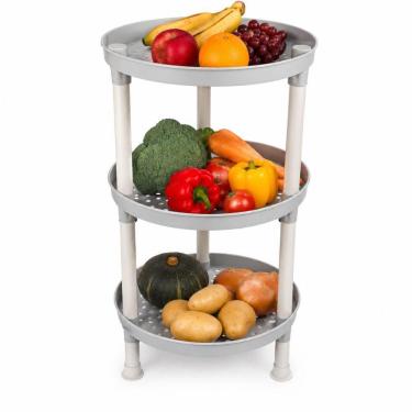 Imagem de Prateleira Fruteira Redonda 3 Andares em Polipropileno com Cestos para Cozinha e Lavanderia Cinza Yeet