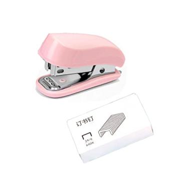 Imagem de PROMISE FLOURISH Mini grampeador manual com removedor de grampos e 1 caixa de grampos, artigos de papelaria fofos para estudantes e uso no escritório (rosa)