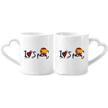 Imagem de I Love Spain Bandeira Palavra Amor Coração Ilustração Casal Porcelana Conjunto de Caneca Cerâmica Copo Amante Coração Alça