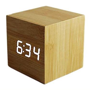 Imagem de ThreeH Digital Alarm Clock with Intelligent Induction,Wood LED Light Mini Cube Desk Alarm Clock Displays Time Date Temperature for Kids,Bedrooms,Home,Dormitory,Travel AC10 Yellow_White