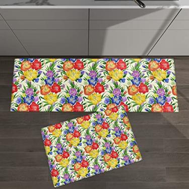 Imagem de Conjunto de 2 tapetes de cozinha folhas de flores de íris estampa floral colorida vermelho azul para tapetes acolchoados e tapetes antiderrapantes absorventes corredor confortável tapete de pé