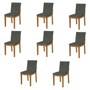 Imagem de Kit 8 Cadeiras De Jantar Estofadas Em Linho Chumbo Base Madeira Maciça Mel Cinza