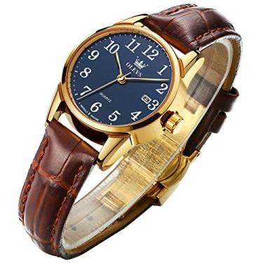 Imagem de OLEVS Relógios femininos de negócios para senhoras pulseira de couro marrom feminino vestido de rosto pequeno relógio de pulso analógico de quartzo com data de calendário à prova d'água presente luminoso clássico casual retrô, relógio azul feminino