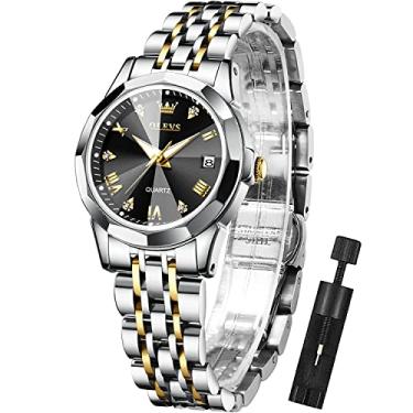 Imagem de Relógio de pulso feminino OLEVS moderno com diamantes, quartzo analógico, aço inoxidável, à prova d'água, luminoso, dia, data, dois tons