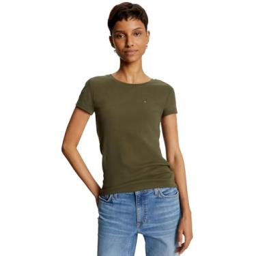 Imagem de Tommy Hilfiger Camiseta feminina gola redonda logotipo cor sólida manga curta algodão 1483915, (Coleção 2024) Verde militar, P