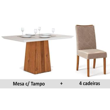 Imagem de Conjunto: Mesa Sala Jantar Itália c/ Tampo Madeirado c/ Vidro 120cm + 4 Cadeiras Golden Terrara/OW/Kraft - DJ Móveis