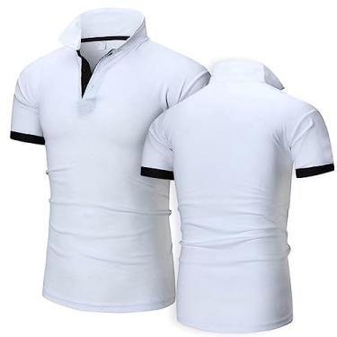 Imagem de GLLUSA Camisas polo masculinas patchwork camisetas de golfe tênis manga curta rúgbi meia manga gola academia desgaste ciclismo jersey, Branco, M
