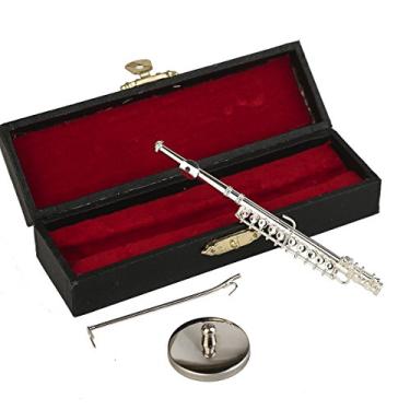 Imagem de Dselvgvu Flauta em miniatura com suporte e estojo de latão, réplica de flauta de instrumento musical, estatuetas colecionáveis, acessórios de casa de bonecas, modelo, decoração de casa, ornamento de