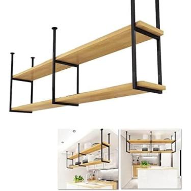 Imagem de Prateleiras flutuantes Estantes decorativas de madeira de 2 camadas, Rack de armazenamento de cozinhas com estrutura de ferro de metal suspensa no teto Prateleira para plantas Suporte para v