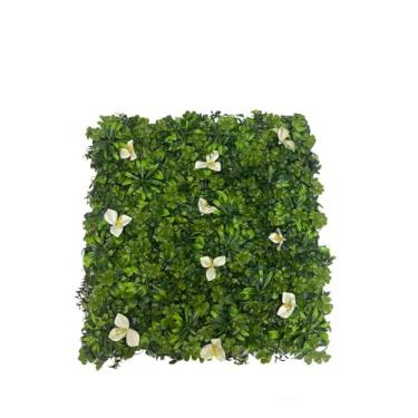 Imagem de Painel Jardim Vertical Decoração Artificial Sala 50x50cm, Painel de Jardim Vertical Artificial, Folhagem Mista com Flores Branca, Decoração para Parede, Ideal para eventos e lojas.
