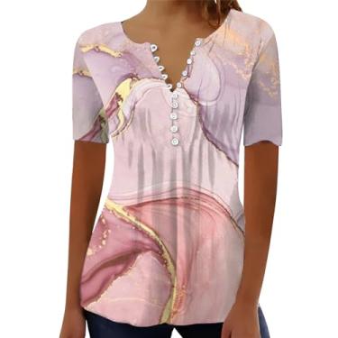 Imagem de Camisetas femininas de linho com estampa rachada, manga curta, gola V, abotoada, caimento solto, trabalho, rosa, M