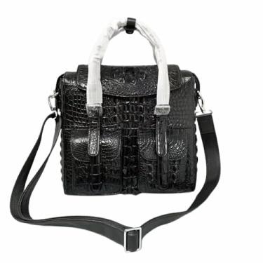 Imagem de Bolsa masculina casual de couro de crocodilo genuíno com aba e alça superior, bolsa de ombro exótica de couro de jacaré grande, Preto, 32cm(Length) x 31cm(Height) x 12cm(Deep)