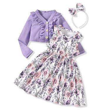 Imagem de HINTINA Vestido infantil de 18 meses com cardigã floral com estampa floral sem mangas e cardigã waffle de manga comprida para outono e inverno 18 a 24 meses
