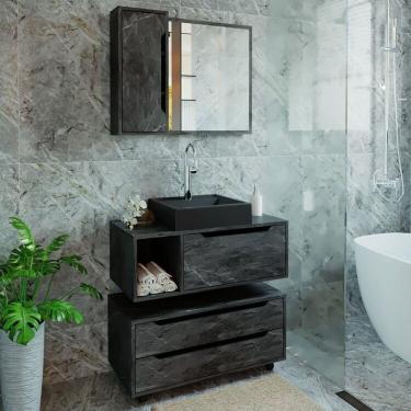 Imagem de Conjunto de Banheiro com Gabinete Suspenso 1 Gaveta, Espelheira e Armário com Rodízio Mármore Lunar