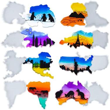 Imagem de FUNSHOWCASE Continent Coaster Conjunto de moldes de silicone de resina epóxi para África, Oceania, Ásia, Europa, Antártica, Estados Unidos, bandejas irregulares, suprimentos para fundição de joias, pacote com 8 12,7 x 11,4 cm