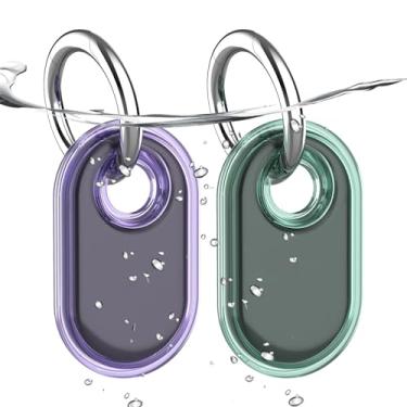 Imagem de Pacote com 2 unidades, à prova d'água, compatível com suporte Samsung Galaxy SmartTag2, capa protetora TPU GPS Tracker para Samsung Tag 2 com chaveiro, capa Smart Tag 2 antiarranhões (roxo verde)
