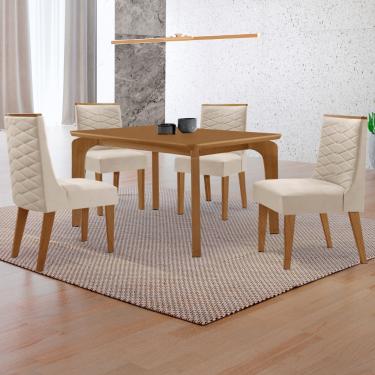 Imagem de Mesa de Jantar Liz 120cm MDF Canto copo e com 4 Cadeiras Safira - Veludo Creme/Naturalle/Naturalle