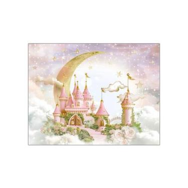 Imagem de Fundo Fotográfico 1,55 X 1,20 - Castelo Rosa com Lua, Estrelinhas e Fl