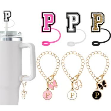 Imagem de (3 +3) Capa de canudo Nuozme compatível com copo Stanley Tumbler 3 peças de tampas de palha com 3 pingentes de borboleta inicial Nome ID para Stanley Copo de 30 e 1,134 g (capa de canudo de 3 letras,