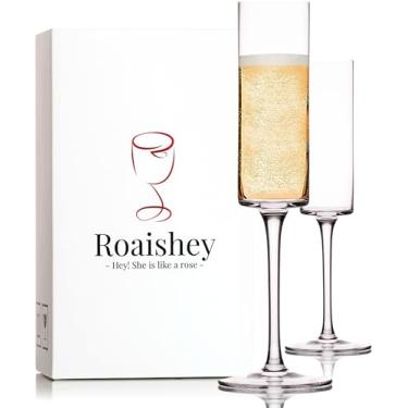 Imagem de Roaishey Conjunto de 2 taças de champanhe de cristal soprado à mão - taças de champanhe quadradas transparentes de 170 g - presentes exclusivos para mulheres - casamento, galentinas, Natal,
