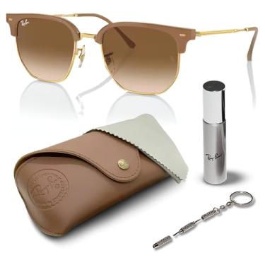Imagem de Ray-Ban RB4416 NOVO CLUBMASTER Óculos de sol quadrados com kit de óculos – protetores de nariz ajustáveis, Bege polido em moldura dourada | Lente marrom claro, 53 mm