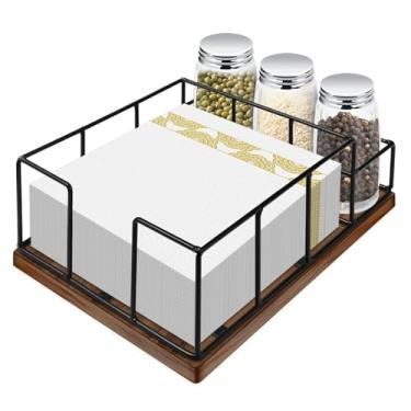 Imagem de Porta-guardanapos de madeira com compartimentos duplos, saleiro e pimenteiro, porta-guardanapos de metal para decoração de mesa de cozinha - Dispensador de guardanapos grande e simples