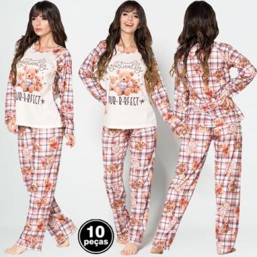 Imagem de Kit 10 Pijamas Feminino Longo Inverno Estampa Animal - Bella Fiore Mod