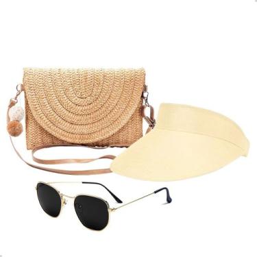 Imagem de Kit Bolsa de Palha Feminina + Viseira Solar + Óculos de Sol Uv Moda Pr