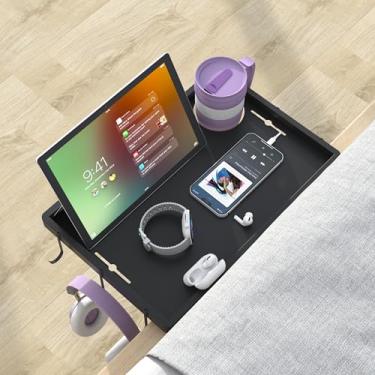 Imagem de ANYHI Prateleira de cabeceira para cama, mesa de cabeceira de alumínio, prateleira de cabeceira flutuante com suporte para copos, 6 ganchos, mesa de cabeceira para camas, beliches, sofás, cadeiras