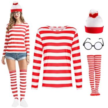 Imagem de Conjunto de fantasia vermelha branca masculina adulta cosplay cosplay engraçado listrado chapéu feiticeiro óculos meias ternos, Mulheres adultas, X-Large