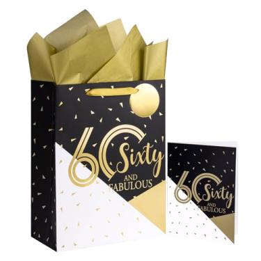 Imagem de WRAPAHOLIC Saco grande de presente de aniversário de 60 anos de 33 cm com cartão e papel de seda - 60 e sessenta e fabulosos