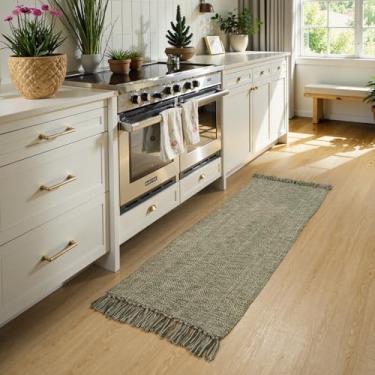 Imagem de Collive Tapete de corredor de cozinha 6 cm x 10 cm, algodão tecido à mão, reversível, lavável, tapete de entrada, tapete de banheiro de fazenda natural/verde, tapete moderno para quarto de lavanderia,