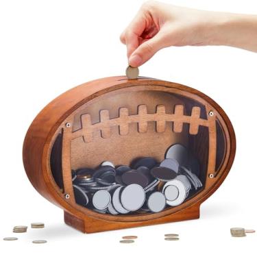 Imagem de Foilswirl Cofrinho de futebol de madeira para crianças, cofrinho transparente com janela transparente, lindo cofre de moedas para meninos, meninas e adultos, inquebrável para crianças, presente de